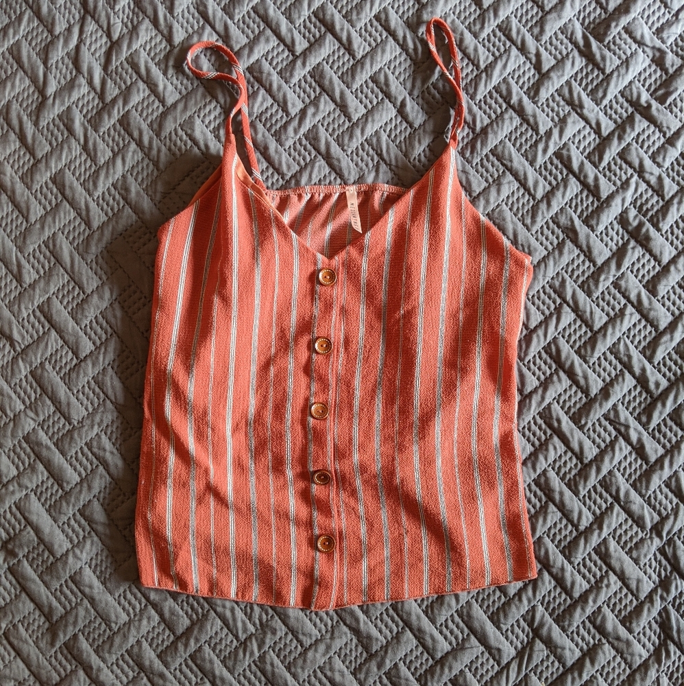 Coral Pink Button Striped Tank Top